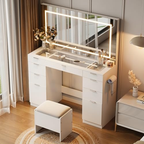 Warmiehomy Dressing Table LED Vanity Desk with Stool Storage USB Port