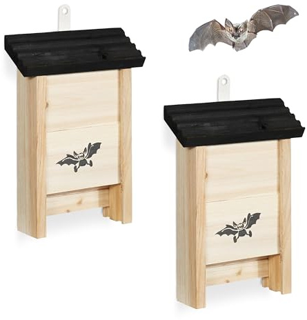 Relaxdays Casetta Pipistrelli Set 2 Pezzi, Legno Naturale/Nero, HxLxP 25x18x6 cm