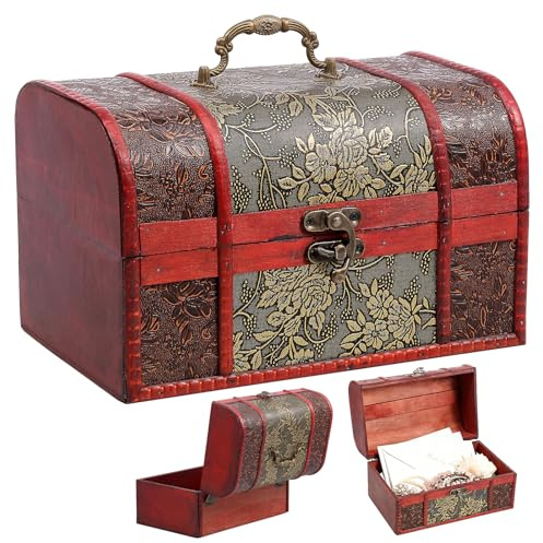 KEGAJEGA Skattkista, trä, 26 x 16,5 x 16 cm, skattkista, trä, stor retro skattkista, bröst med handtagsspänne för gratulationskort, kuvert, frimärken, fotografi, smycken, musslor, samlarobjekt