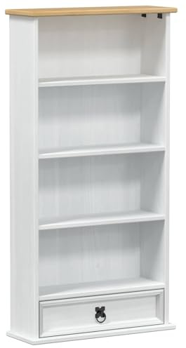hliofuir CD-Regal aus massivem Kiefernholz in Weiß, schmales Medienregal mit 5 Fächern und Schublade, praktisches Holzregal für CDs, Bücher und Deko, 52 x 17,5 x 103 cm