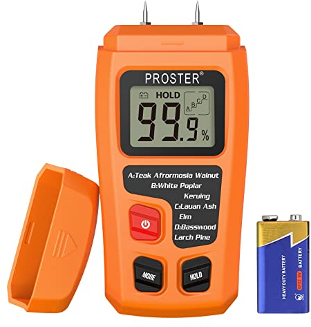 Proster Feuchtigkeitsmessgerät Digitales Feuchtmessgerät Holz-Feuchtigkeit und Luftfeuchtigkeit Messung mit HD-LCD Hintergrundbeleuchtung für Brennholz Pappe Papier (Bereich 0-99,9%) -Orange
