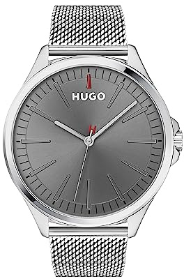 HUGO Analog Quarzuhr für Herren #Smash Kollektion mit Silbernes Edelstahl-Mesh-Gliederarmband oder Lederarmband