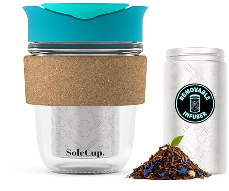 SoleCup. Travel Mug Loose Tea Infuser - Detachable Tea Strainer with Spillproof Lid - BPA-Free Reusable Glass Travel Coffee Cup with Cork Band (Blue, 340ml / 12oz)