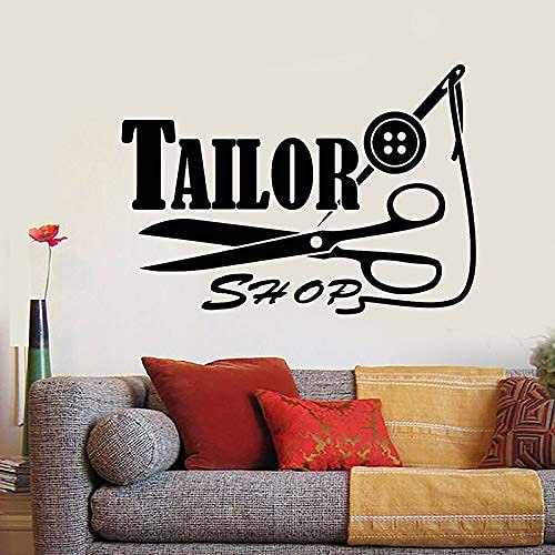 Vinile Adesivo Sartoria Logo Filo Ago Forbici Adesivo Da Parete Studio Di Cucito Decorazione Per Finestre Carta Da Parati Rimovibile 81X57Cm