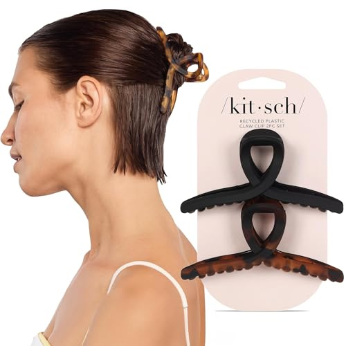 Kitsch Große Haarklammern für Damen - Modische Loop Haarspangen | Mattes Plastik, Leicht zu Greifen | Perfekt für den Alltag & Besondere Anlässe - Schildpatt & Schwarz, 2 Stück