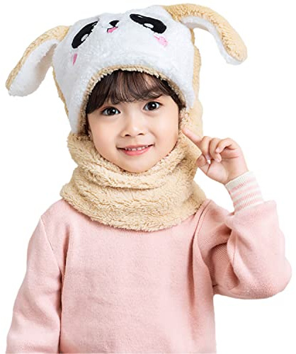 Rayson 2-i-1 balaclava för barn mössa med halsduk varm vinterhatt, söt kanin, kaklava, för flickor och pojkar, utomhusaktiviteter, kaki, One Size