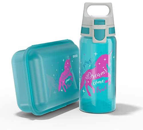 SIGG - Trinkflasche Kinder 0,5L & Brotdose 1L - Viva Lunchbox Set Unicorn - Federleicht - Spülmaschinenfest- BPA-frei - Ideal Für Die Schule - Blau