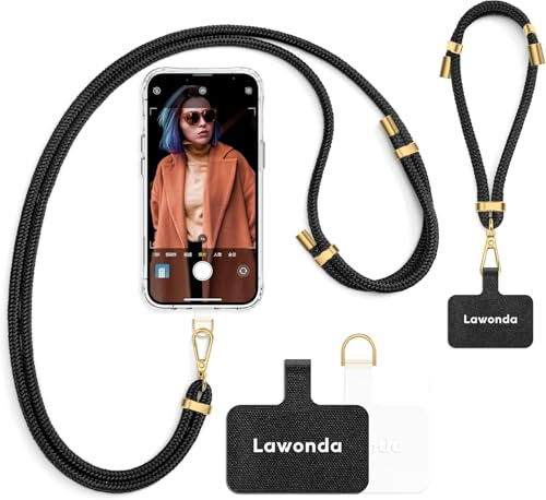 Lawonda Universal Handykette geeignet für alle Smartphones, Kette zum Umhängen um Hals & Handgelenk, Pad mit Kordel, Smartphonekette für Unterwegs, Handyband mit 2er Ersatz Einlage Schwarz