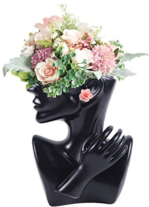 Kreativität Vase Dekoration, Gesichtsvase, Moderne Vase Gesicht Statue Schmuckständer Blumentopf Blumenvase für Pampasgras Home Office Dekoration (Schwarz)