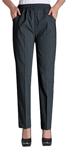 Soojun Womens Summer Elastic Waist Comfy Stretch Pull On Pants, Charcoal, Large