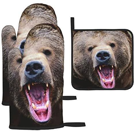 Set di 3 guanti da forno stampati con motivo orso nero e presine con cordino, guanti resistenti al calore, set di supporti per cucina e forno guanti da cucina