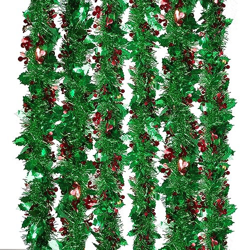 6 Packs Christmas Tinsel Garland Metallic Green Holly Berry Tinsel Christmas Tree Decorations Xmas Party Decorations