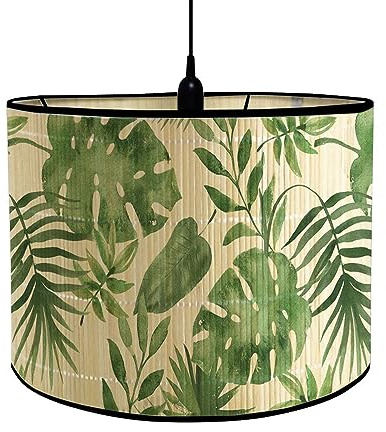 FANSU Abat-Jour en Bambou Classique Imprimé Plantes Vertes Tambour Abat-jour, Remplacement Abat, Jour Fait à la Main, pour Lampe de Table,Suspension,Lampe de Chevet,Lampadaire (feuille de palmier)