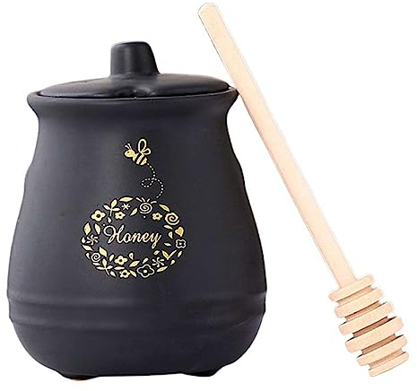 ASIORI Vorratsgläser aus Glas – 11 Unzen Keramik-Honigtopf, matt, mit Holzschöpflöffel, Mini-Honigglas-Partygeschenke mit Deckel, Porzellan-Honigtopf, schwarz, 11 Unzen (Color : Black)