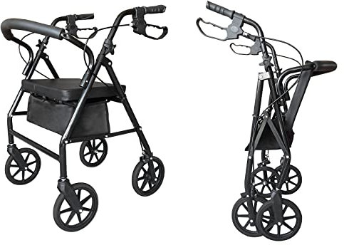 Folding Four Wheel Rollator, Lightweight Mobility Walker with Seat & Carry Bag, Mobility Aid for Elderly Disabled (Black)