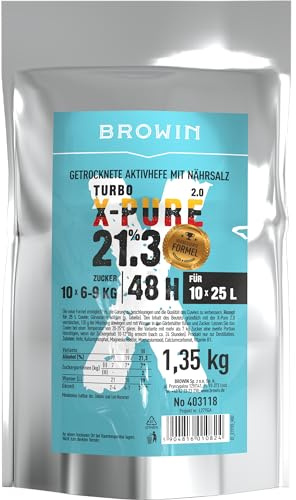 BROWIN® Hefe Turbo X-Pure 403118 | Destillation | hochqualitative Gärhefe bis 21,3% Alkohol in 48 Stunden | 1,35 kg (reicht für 10 Cuvées je 25 L)