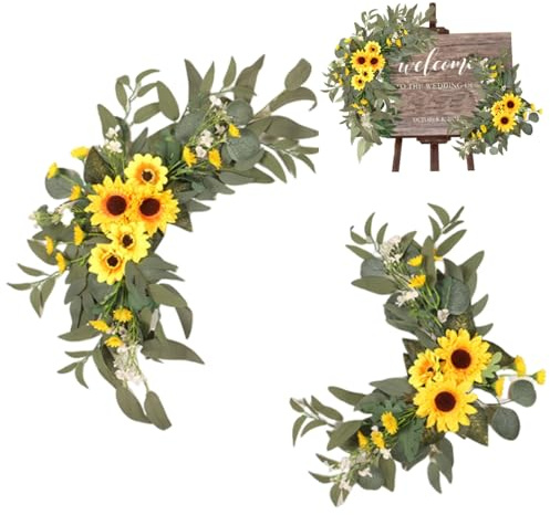 Naisicatar 2pcs Hochzeitsbogenblumen künstliche Sonnenblumen Swag Blume Girlande mit grünen Blättern Künstliche Blumen Blumenarrangement Swag für Hochzeitstisch Mittelstücke Bogenblumen Dekor (gelb)