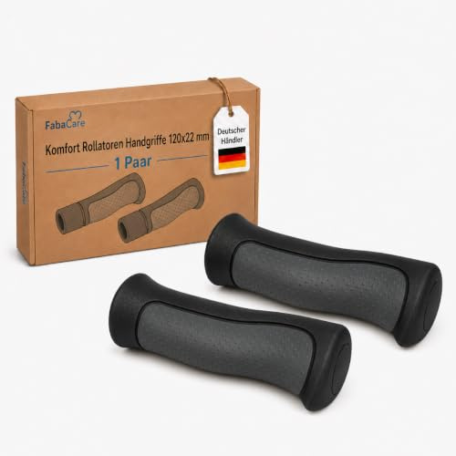 FabaCare Komfort Rollator Handgriffe 120x22 mm, 1 Paar ergonomische Ersatzgriffe für Rollatoren, antirutsch Komfortgriffe rechts & links, Schwarz-grau Handfasser für Mobilitätshilfe
