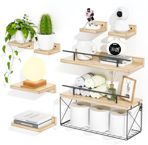Hoiicco Schweberegale für Wand 8er Set, Wandregale für Dekoration und Aufbewahrung, Badezimmerregale mit Drahtaufbewahrungsstufe, Holzregale für Badezimmer, Wohnzimmer, Schlafzimmer, Küche, Dekor