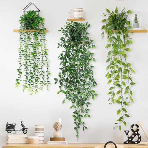 Artificial Hanging Plant, 3 Pack Fake Hanging Plants with Pot, Greenery Faux Fake Ivy Decor, Fake Ivy Potted Plants for Indoor Outdoor Home Decor Wall Room Patio Office Table Shelf