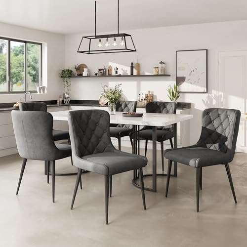 Lexiou Essgruppe (7-TLG),140x80cm Esstisch mit 6 Stühlen Set, Moderner Küchentisch Set (Dunkelgrau-2)