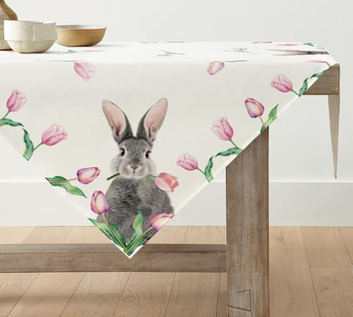 Artoid Mode Tulpe Hasen Ostern Waschbare Tischwäsche, Saisonaler Frühling Küche Tisch Dekoration Drinnen Urlaub Party Dekor 120x120 cm