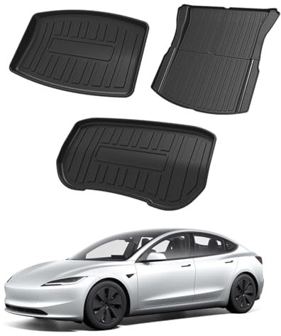 Treesiche Allwetter-Laderaummatten für Tesla Model 3 2024 2025 Highland TPE (Kofferraummatte vorn + Kofferraummatte hinten + Laderaummatte)