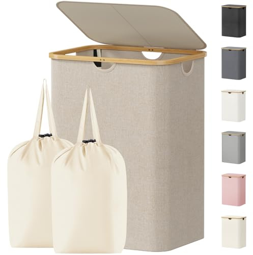 Lifewit 150L Laundry Basket with Lid, Clothes Hampers for Laundry with Bamboo Handles and 2 Removable Bag, Large Foldable Laundry Hamper for Bedroom, Bathroom, Dorm, Laundry Room, Beige