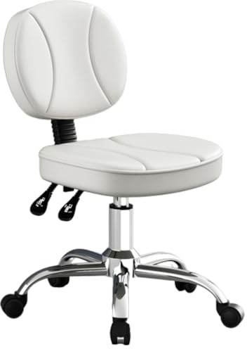 Professioneller Rollhocker Mit Rückenlehne, Bürohocker 360° Drehbar Und Höhenverstellbar 30-42cm, PU-Beschichtung, for Massagesalon, Maniküre Und Büro(White)