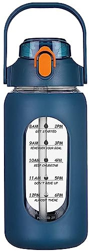 Agwuoetr de Agua de Vidrio de 64 Oz con Pajita, Botella de Vidrio con de Silicona y Marcador de Tiempo, para Gimnasio, Hogar, Oficina, Azul Marino