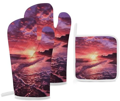 Beach Sunset - Set di 3 guanti da forno e presine, resistenti al calore fino a 260 °C, guanti da forno extra lunghi da 30 cm, essenziali per la cottura in cucina