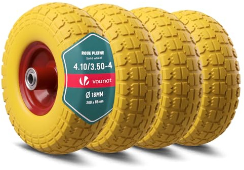 VOUNOT® 4 x Schubkarrenrad PU Vollgummireifen 3.50-4, Pannensichere Ersatzrad 260x85 mm, Kugellager, Innenloch Ø16 mm, für Schubkarre, Sackkarre und Bollerwagen, Gelb
