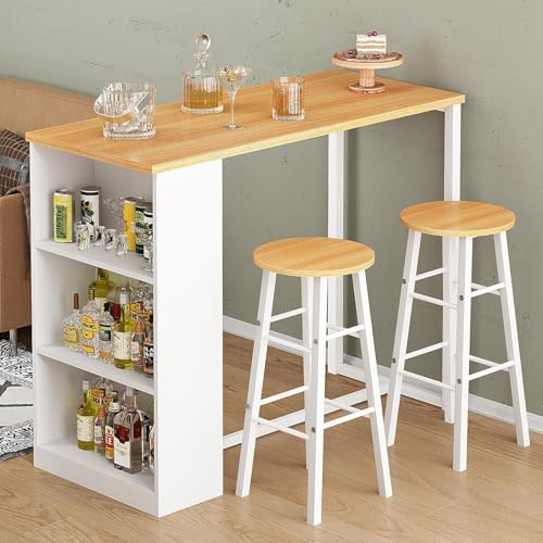 soges Bar-Sets mit Bartisch und 2 hohen Hockern, 91 x 49.5 x 91cm Esstisch, Bistrotisch, Pubtisch mit 3-stufigem Aufbewahrungsregal.