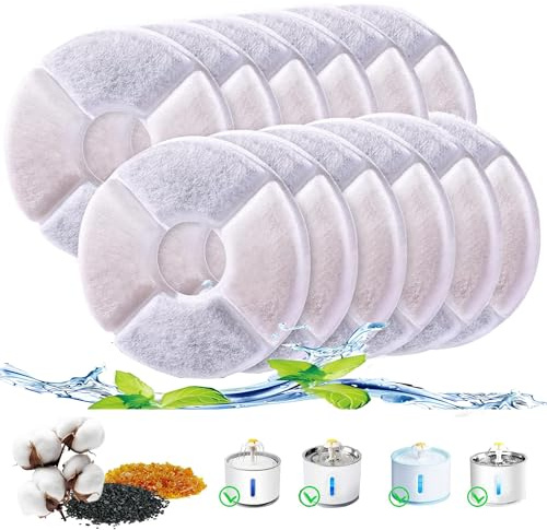 12Pack Cat Water Fountain Filters 12.6cm/5in Triple Action Replacement Cartridges with Activated Carbon Resin Coconut Shell Cotton for 2-2.5L Pet Water Dispensers for Cats Dogs Drinking