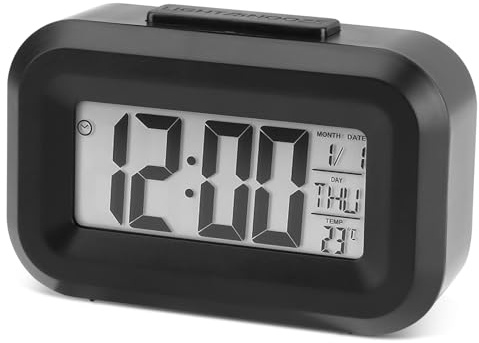 Digital Alarm Clock for Bedroom LED Display Clocks Small Travel Alarm Clock Bedside Clocks Portable Battery Powered Clock with 12/24H Display Snooze Function Calendar Day Temperature Display, Black