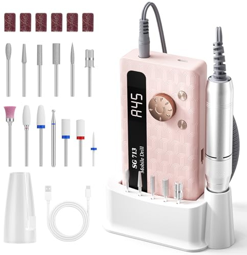 Yigowyigo 45000RPM Electric Nail Drill Machine: 13 in 1 Nail File Kit Professional Portable Rechargeable E File for Acrylic Gel Nails - 3600mmAh Battery Nail File for Manicure Salon Home, Pink