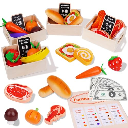 KMTJT Wooden Play Food for Toddlers 1-3 | Toy Food with Pretend Play Money | Pretend Play Kitchen Accessories | Wood Play Fake Food Sorting Toys for 12-18 Months Boys Girls | 1st Birthday Gifts