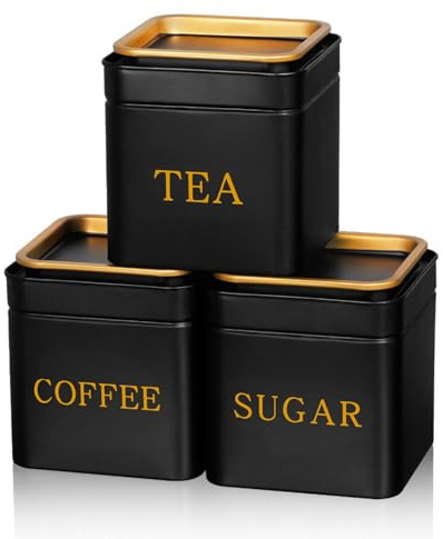 Yuecda 3-piece sugar bowl, tea caddy, and coffee caddy set Black SMetal Containers Airtight Metal Coffee Jar with Gold Lid for Home Food Storage Flour Spice Kitchen Decor Cafe Accessories