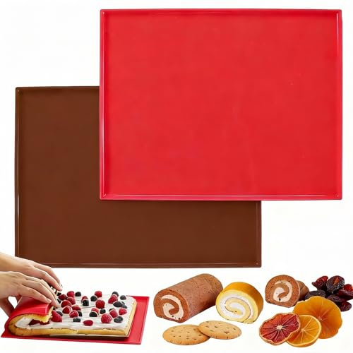 2 Stück Silikon Backmatte mit Rand,Antihafte Biskuitrollenmatte Silikonbackmatte,Silikonmatte Backofen,Swiss Roll Backblech Biskuitrolle Backform,Silicone Baking Sheet für Gebäck,Waffeln 30.5X25.8X1cm