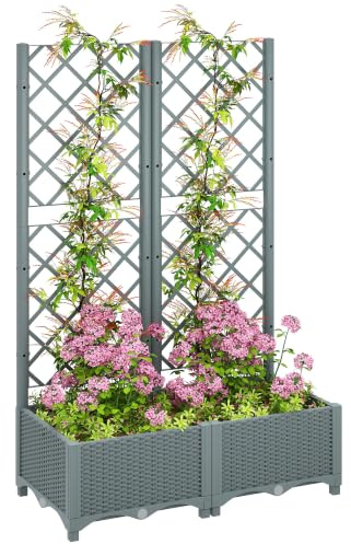 Outsunny Raised Garden Bed with Trellis, Plastic Planter Box, Grey | Drainage Holes, Drain Plugs, Water Reservoirs, for Climbing Plants, Vegetables, Flowers