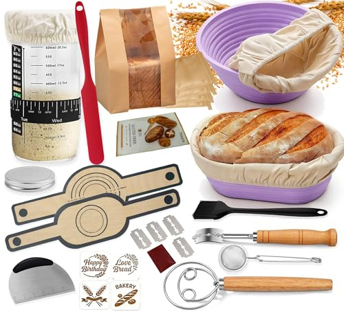 Sauerteig Starter Set Brot backen Zubehör mit Gärkörbchen & 650ml Gärglas | 30 Teiliges Sauerteig Set mit Gärkorb Rund 23cm & Oval 25cm,Liners,7-Tage-Guide,Backmatte,Brot-Lame,Schneider & Teigschaber