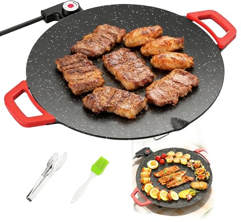 Non-Stick Electric Indoor Grill Pan, Large Round Electric Griddle & Smokeless Korean BBQ Grill Indoor - fast heating, portable, for burgers, pancakes & stovetop use (Large)