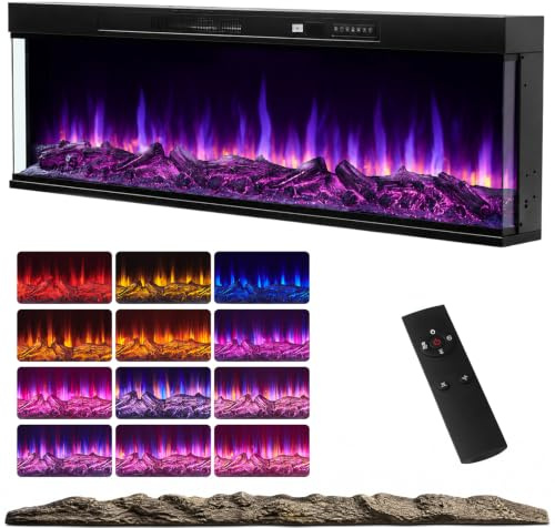 60 Electric Fireplace 3-Sided Panoramic Electric Fireplace Heater Recessed/Freestanding Electric Fireplace with 12 Colors Flame 3D Media Wall Electric Fireplace Overheat Protection & Child Lock