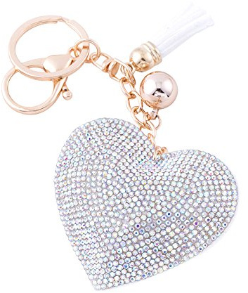 Soleebee Leder Liebes-Herz Keychain Bling Kristallstrass Taschen Koffer Rucksäcke Zubehör Charm Auto Schlüsselanhänger Schlüsselring mit Quasten (AB Farbe)