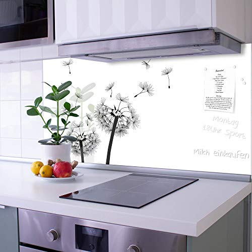 banjado Küchenrückwand Glas ohne Bohren 100x50cm – Glasrückwand Küche mit Motiv Pusteblume 2 / Spritzschutz Küchenrückwand Glas/selbstklebende Küchenrückwand Platte - magnetisch & beschreibbar