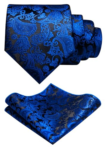 JEMYGINS Royal Blue Paisley Tie Wedding Business Silk Necktie and Pocket Square, Hankerchief with Tie Clip Sets for Men(1)