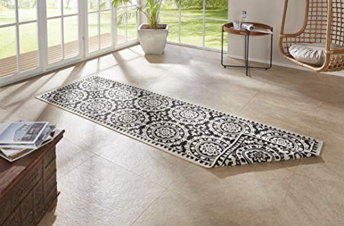 NORTHRUGS In- und Outdoor Teppich Jardin 80x250cm - Wendeteppich Wetterfest Orientalisches Vintage Design Läufer für Balkon Terrasse Garten Wintergarten Wohnzimmerteppich Wasserfest in Schwarz Creme