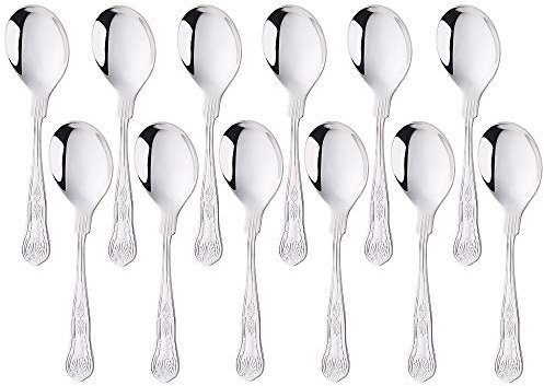 Meisha Kings Pattern Stainless Steel Soup Spoons Set of 12, Large and Heavy Duty Round Bouillon Elegance Spoons, Use for Cereal, Soba, Soup, Bouillon, 6.8 inches Silver