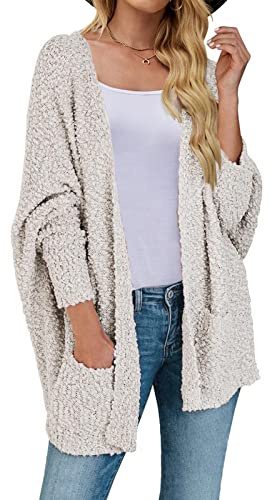 MEROKEETY Women's 2025 Winter Fuzzy Popcorn Batwing Sleeve Cardigan Knit Oversized Sherpa Sweater Coat, Beige, Medium
