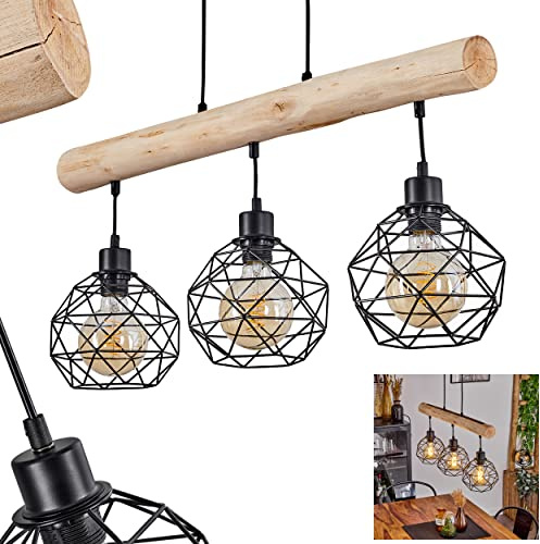 HOFSTEIN Pendelleuchte Bacabal, Hängelampe aus Metall/Holz in Schwarz/Naturfarben, höhenverstellbare Hängeleuchte mit Holzstab, Schirme in Gitter-Optik, 3-flammig, 3 x E27, Esszimmer, Küche